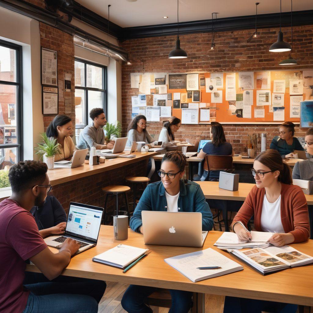 A vibrant and detailed illustration of a diverse group of professionals in an urban setting, collaboratively working together at a coffee shop with laptops and notebooks. The background includes subtle hints of employment resources like books, a bulletin board with job postings, and motivational posters on the walls. The scene radiates energy and focus, showcasing various career paths. The characters represent different backgrounds and industries, emphasizing inclusivity in professional growth. super-realistic. vibrant colors. urban style.