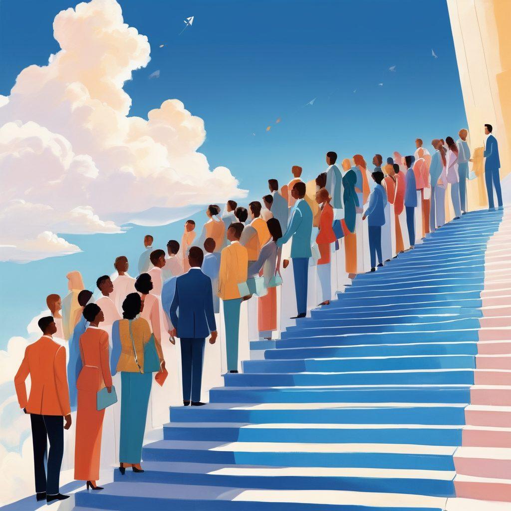 A vibrant illustration of a diverse group of job seekers standing on a giant staircase representing career elevation, with arrows pointing upward symbolizing progress. Include elements like resumes, briefcases, and glowing job listings in the background. The scene should convey optimism and ambition, with a bright blue sky overhead. vector art. vibrant colors.