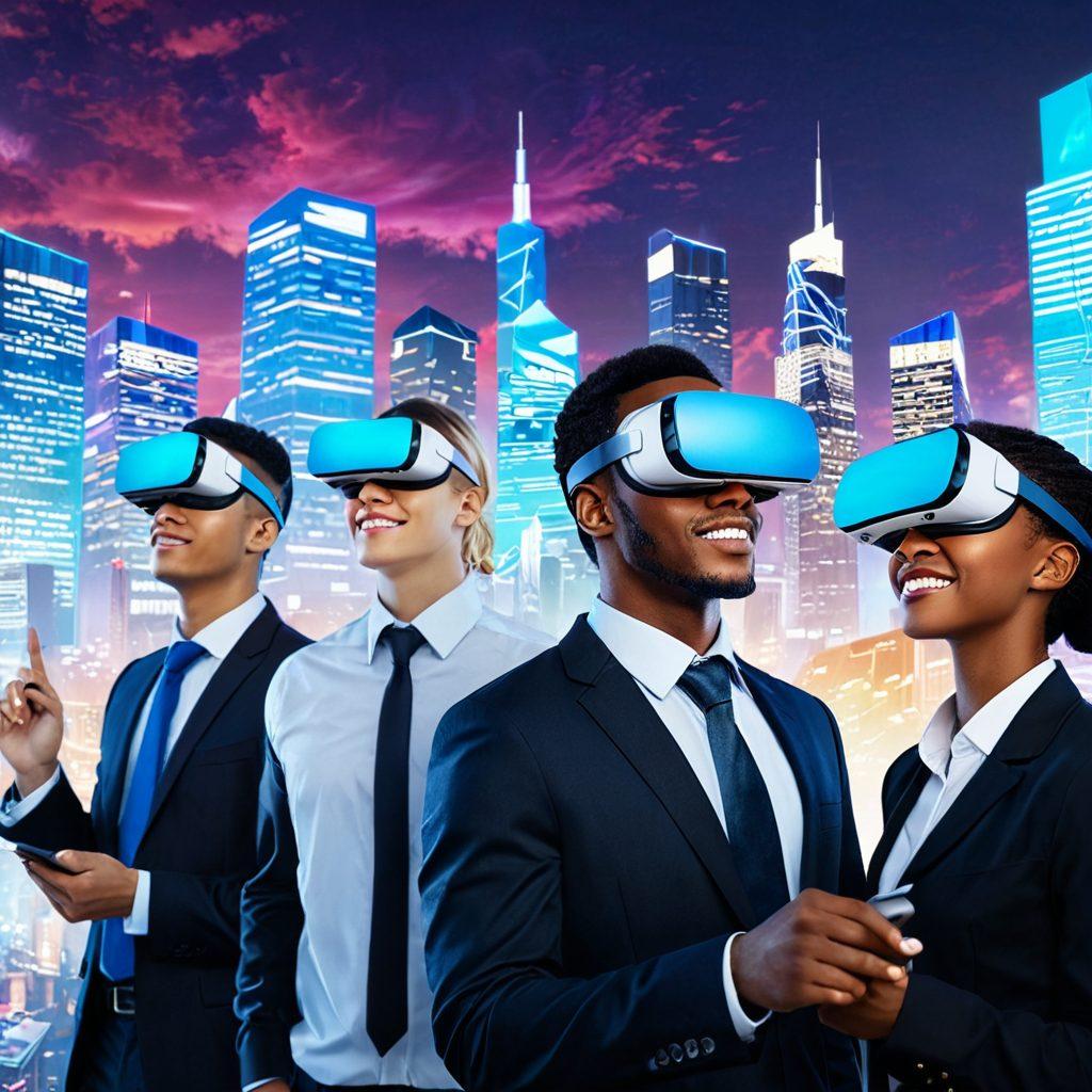 A diverse group of job seekers in a dynamic urban setting, engaging with futuristic technology like virtual reality headsets and holographic resume displays. Showcase enthusiasm and determination on their faces, with a bright and optimistic skyline in the background symbolizing a promising future. Incorporate elements representing various professions, like tools and symbols for technology, healthcare, and creative fields. super-realistic. vibrant colors. 3D.